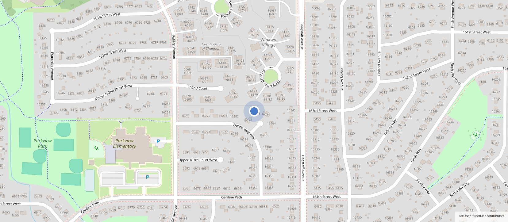 Neighborhood map with 16288 Florida Way W marked, just south of 160th Street West near Parkview Elementary